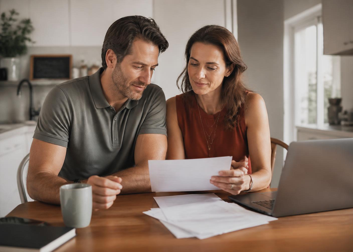 A couple reviewing insurance paperwork and a laptop at their kitchen table